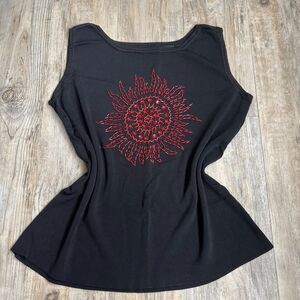 Crossing Pointe Knit Tank Top Beaded Embroidery L Black Red SunBoho Festival Y2K